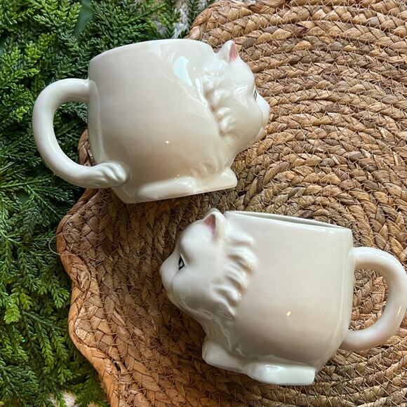 Urban Outfitters 3D Cat Mug Kitten White Coffee Tea Cup Ceramic Stoneware Set/2 - Picture 1 of 16